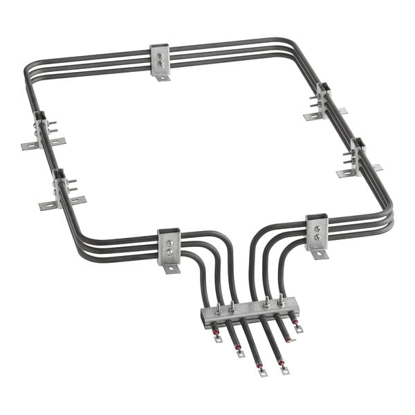 An American Range metal rack with four wires attached.