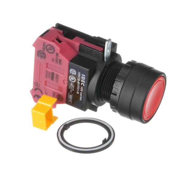 A Jackson red round push button switch with a yellow ring.