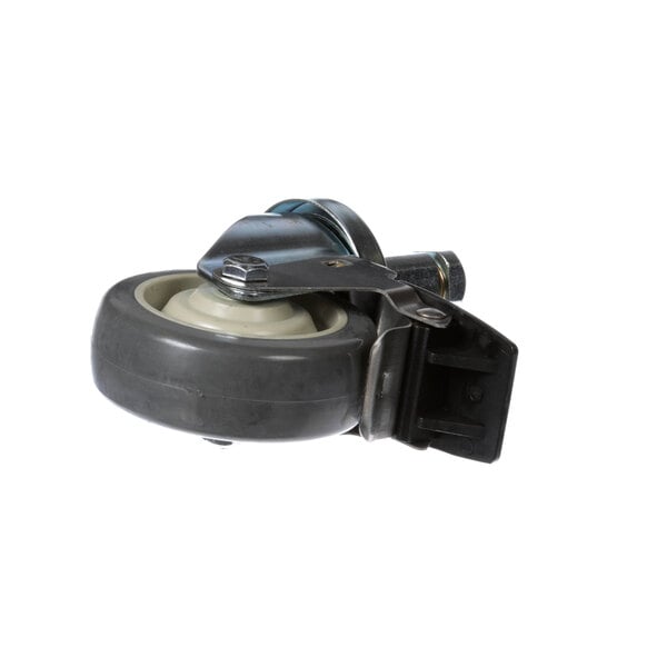 A black and metal caster wheel for a table.