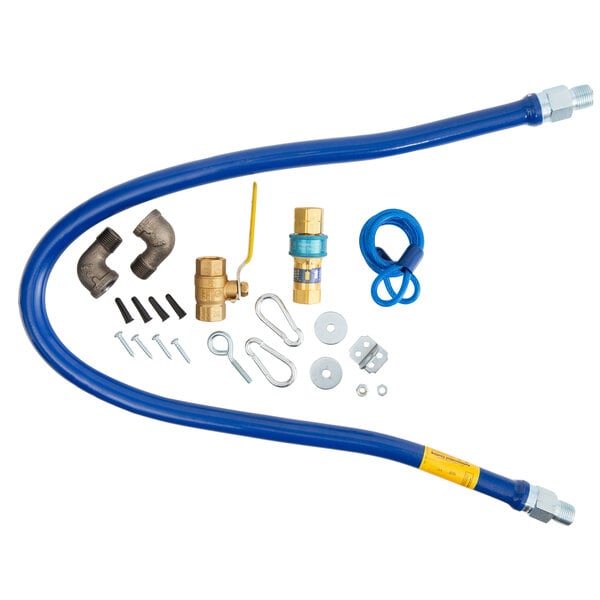 A blue Dormont gas hose with fittings and a blue restraining cable.