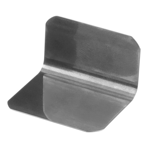 A silver metal BevLes latch spring with a curved edge.