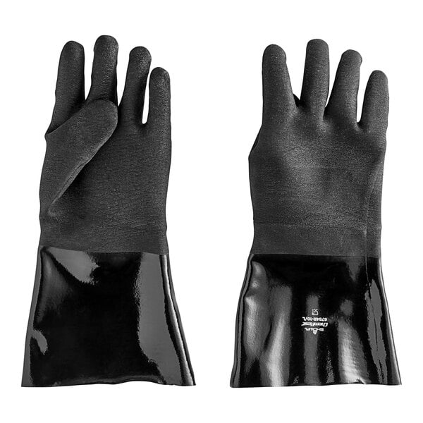 A pair of black neoprene gloves with a Frymaster logo.