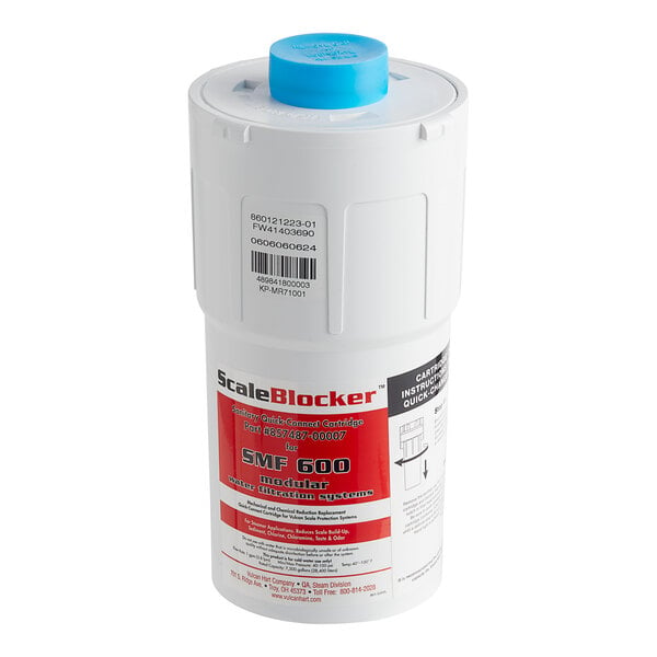 A white container of water with a red and blue label for a Vulcan Water Filter Kit.