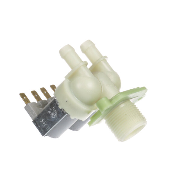 A close-up of a white Jet Tech water inlet valve with two small holes.