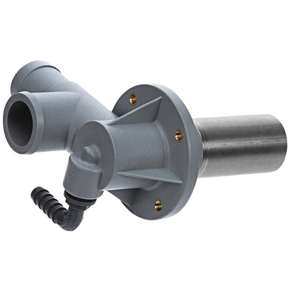 A grey metal pipe with a black cord attached.