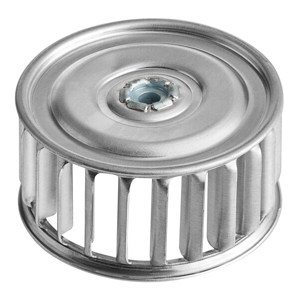 A close-up of a Henny Penny blower wheel with a nut on it.