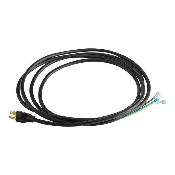 A black cord with white and green wires and a white plug.