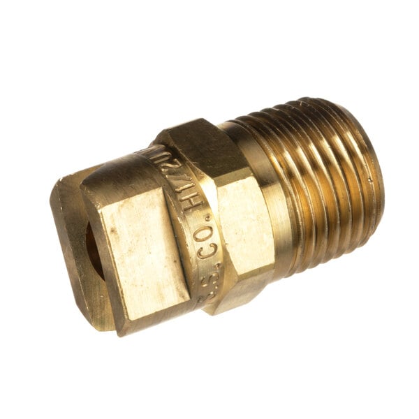 A close-up of a brass threaded male fitting.