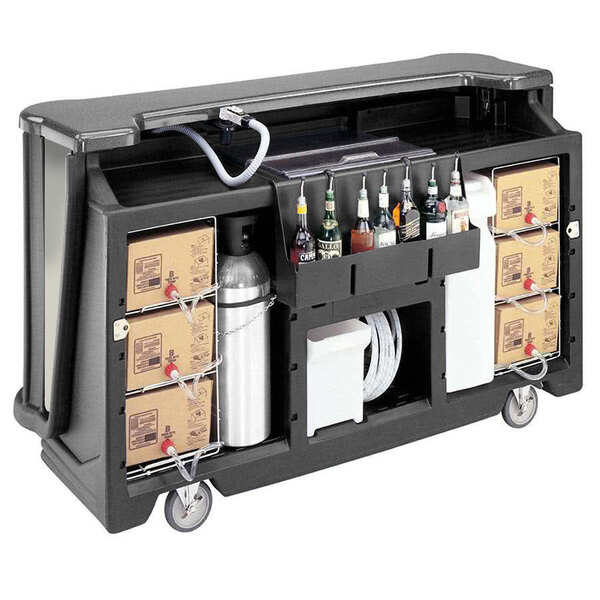A black Cambro portable bar with bottles on it.