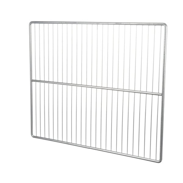 A metal wire shelf with a white background.
