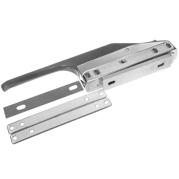 A metal Vulcan door latch with holes and a handle.