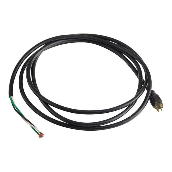A black power cord with a black plug and a green wire.