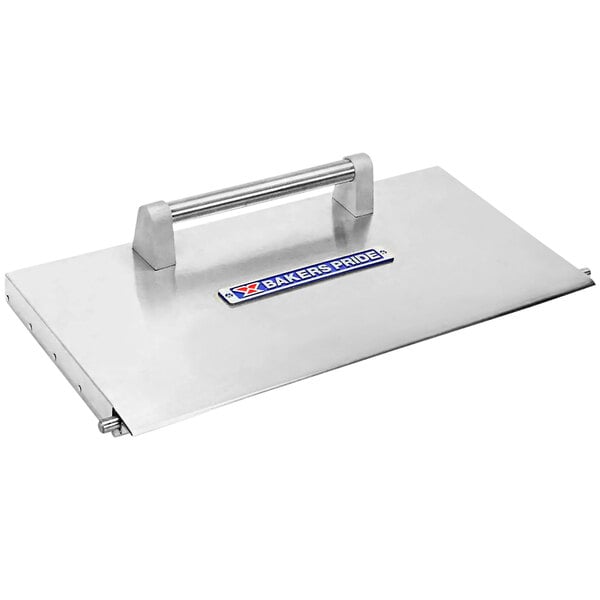 A stainless steel door assembly with a handle for a Bakers Pride deck or pizza oven.