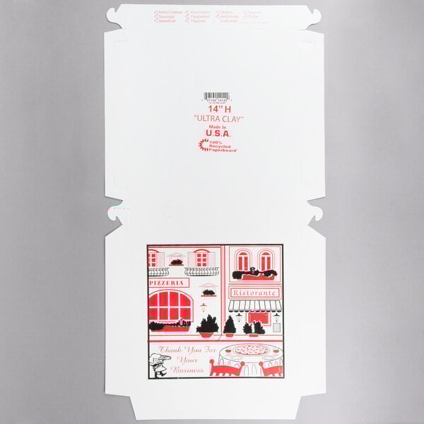 A white Choice pizza box with red and black designs.