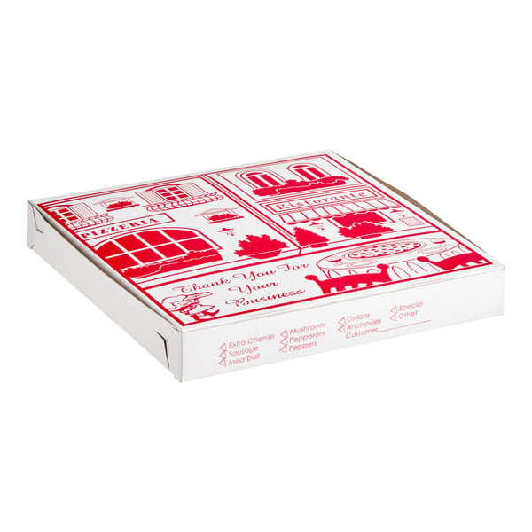 A white and red 14-inch square pizza box with customizable options and restaurant-themed graphics.