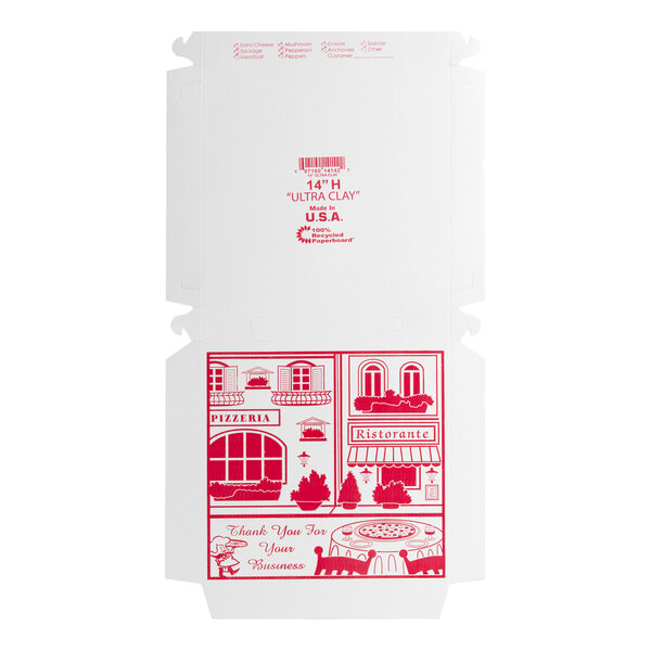 A flat, unfolded 14-inch white pizza box with red printed illustrations of a pizzeria and ristorante, and the words 'Thank You For Your Business' on the front.