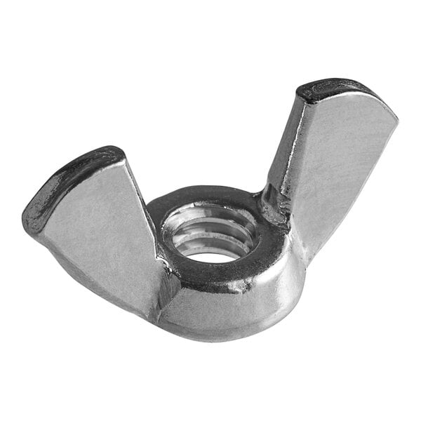 A close-up of a stainless steel 1/4-20 wing nut with two holes.