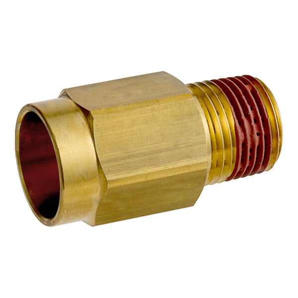 A close-up of a brass Cleveland steam valve fitting with red threading on two ends.