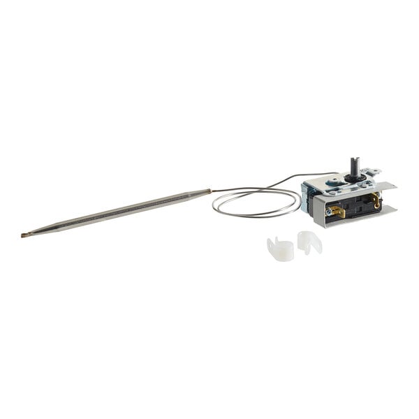 A small metal Henny Penny thermostat with a wire attached.