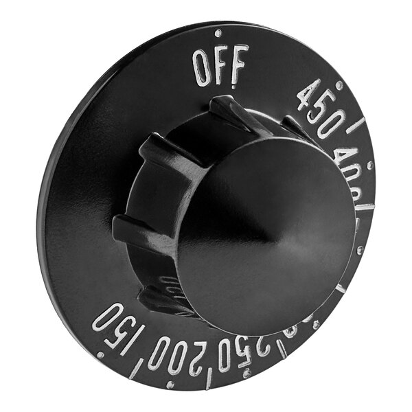 A black Vulcan thermostat knob with white text on it.