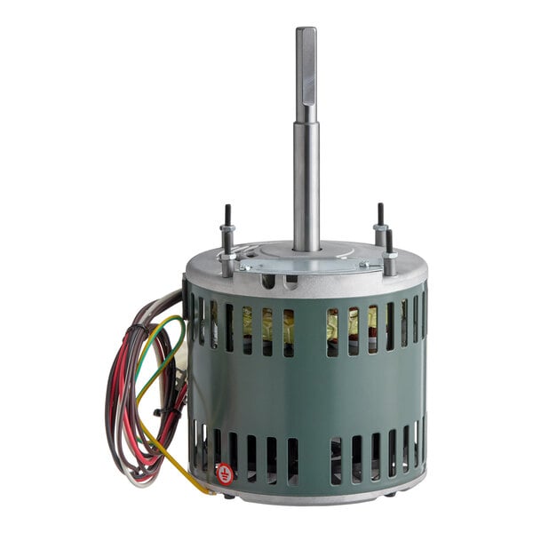 A cylindrical electric motor with a metal shaft extending vertically from the top and several colored wires protruding from the side.