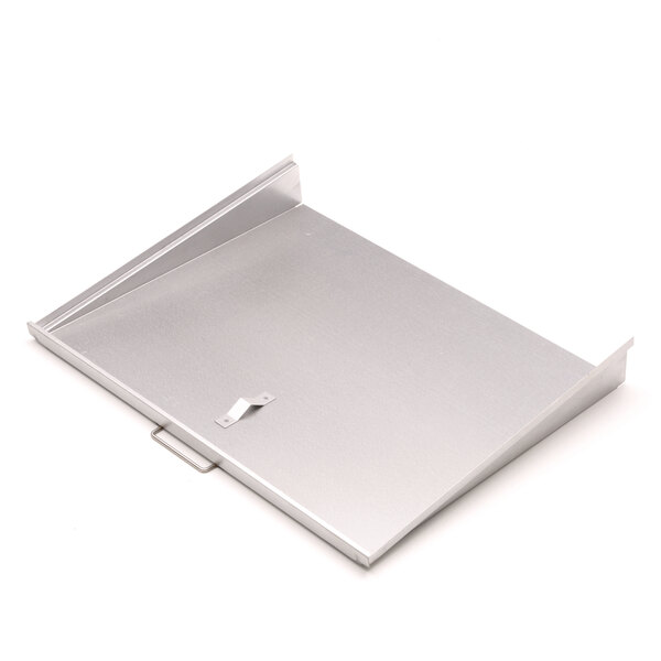 A silver metal rectangular tray with a metal handle.