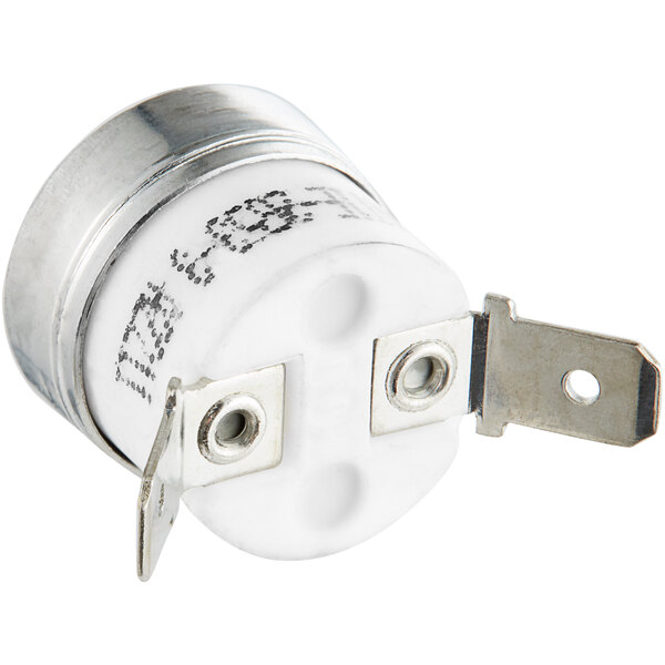 A white round Accutemp over-temp switch with metal parts.