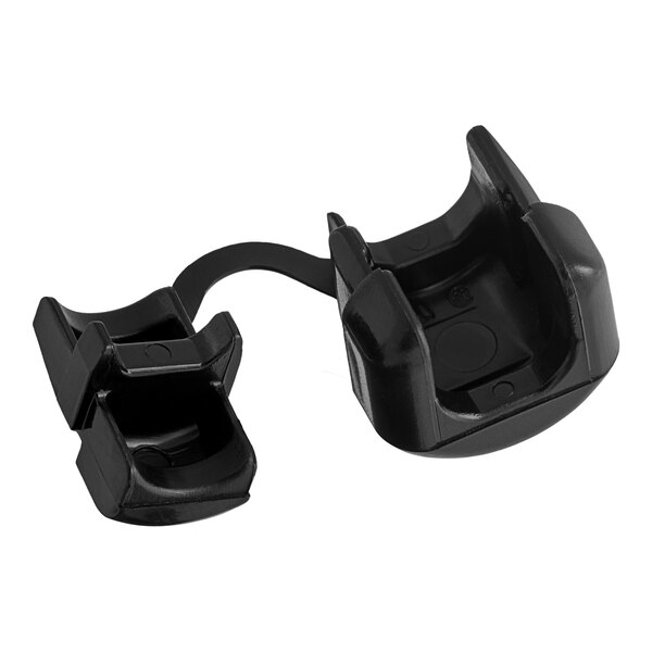 A black plastic strain relief with a black strap.