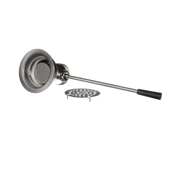 A stainless steel metal twist drain with a metal rod handle.