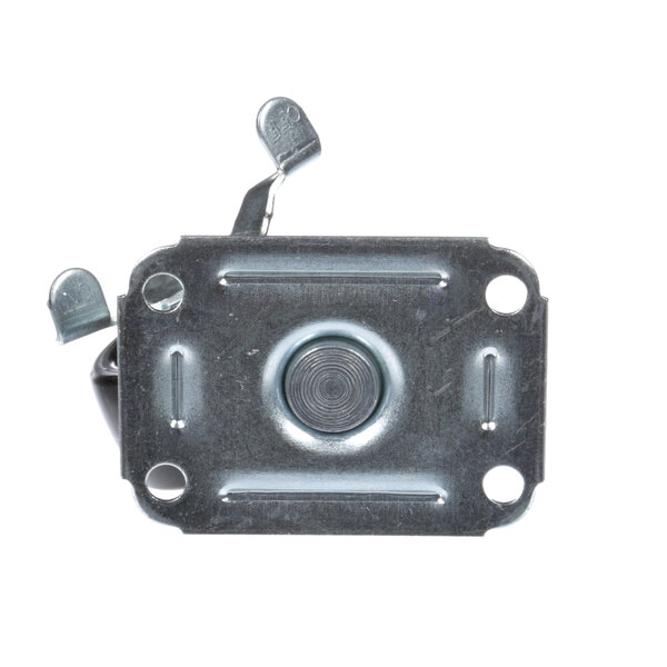 A close-up of a Randell caster with a metal plate and a screw hole.