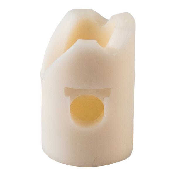 A white plastic cam component with a rounded base and a notched top.