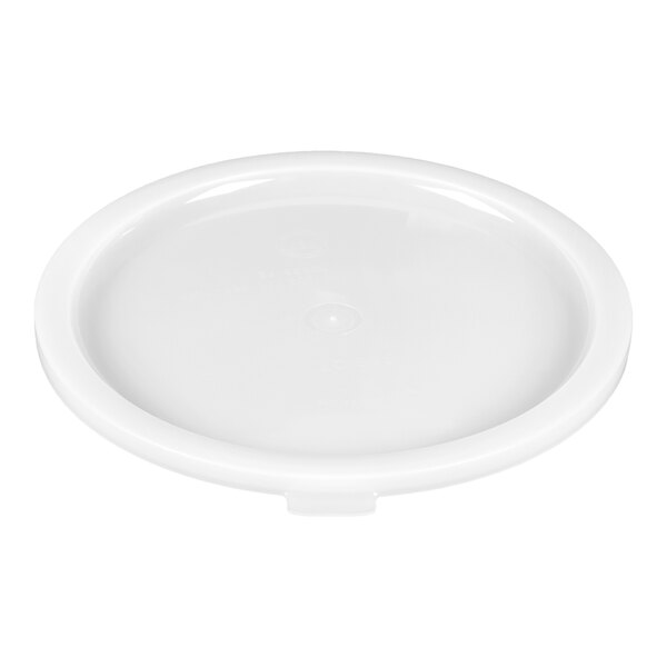 A white round polyethylene lid designed for 6 and 8 quart food storage containers.