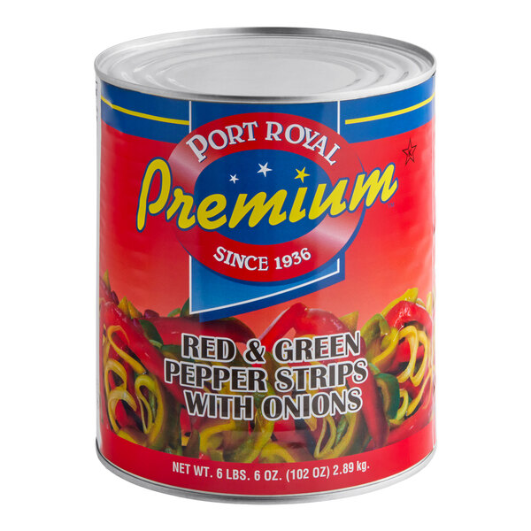 A #10 can of Mixed Pepper Strips with Onions with a label on a white background.