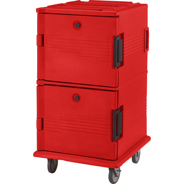 A red Cambro Ultra Camcart for food pans with a black handle.