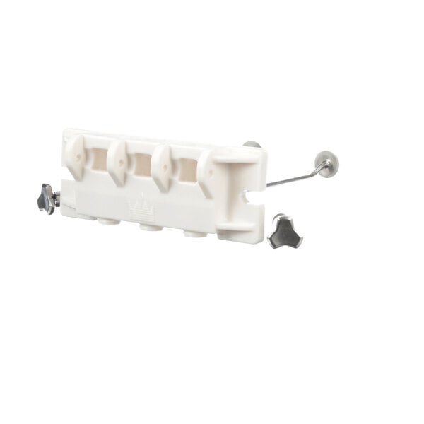 A white plastic door holder with metal clips.