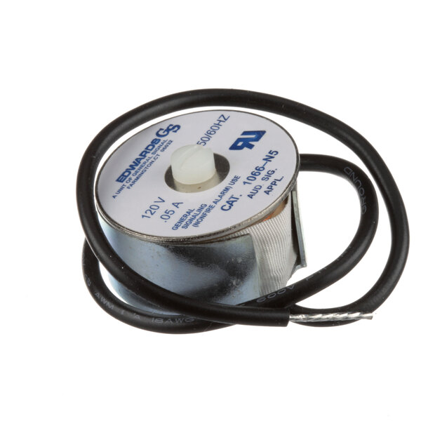 A Groen Z003360 buzzer, a small round metal object with a black wire.