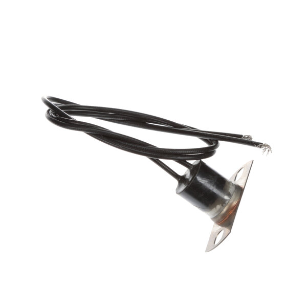 A close-up of a black electrical wire with a metal base.