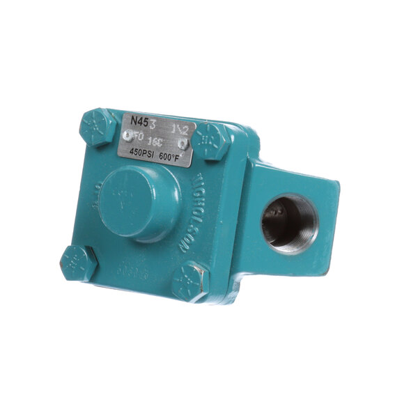 A close-up of a blue Groen steam trap valve with a hole.