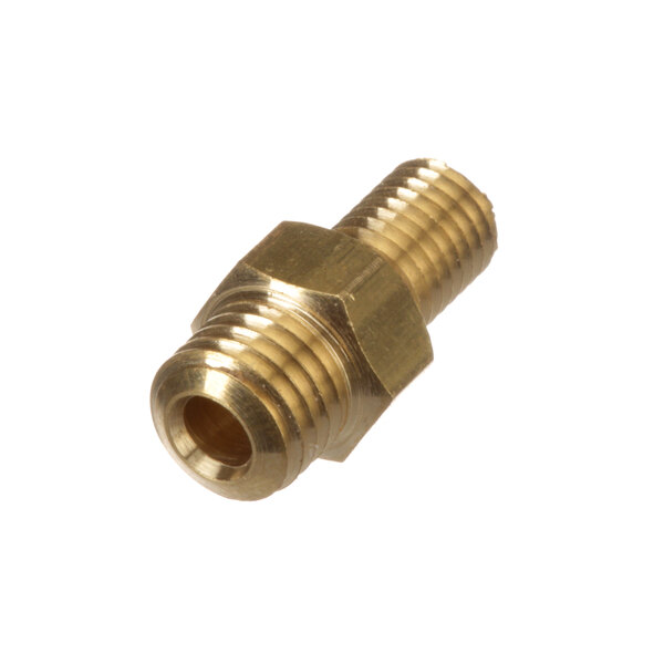A close-up of a brass threaded male Groen fitting.