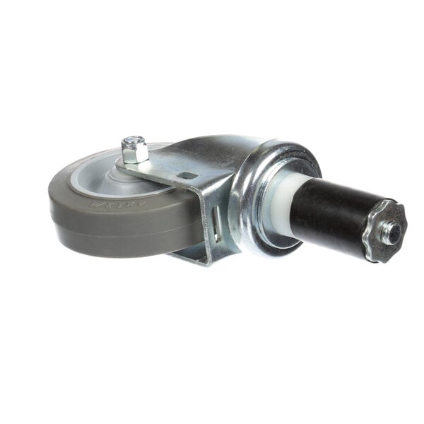 A Groen metal caster wheel with a black rubber tire.