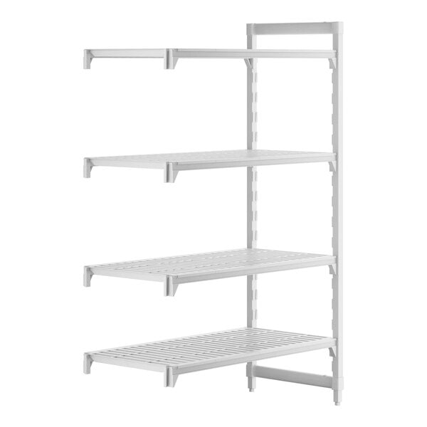 A white plastic shelf with four vented shelves.