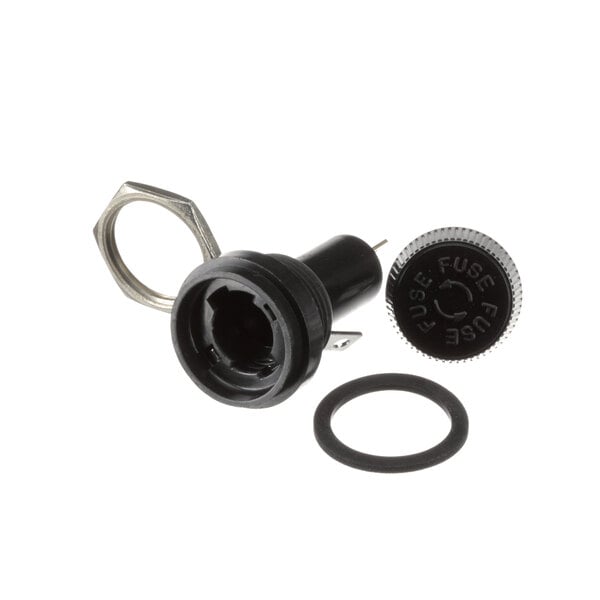 A close-up of a black plastic Duke fuse holder screw and nut.