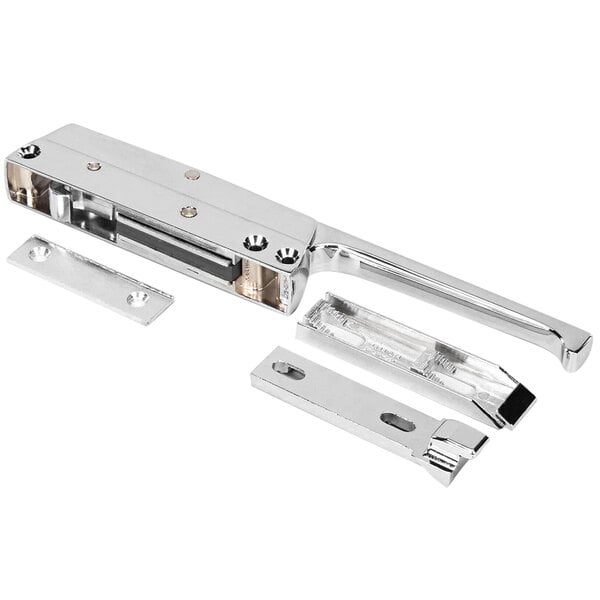 A chrome Kason latch for refrigeration equipment with screws.