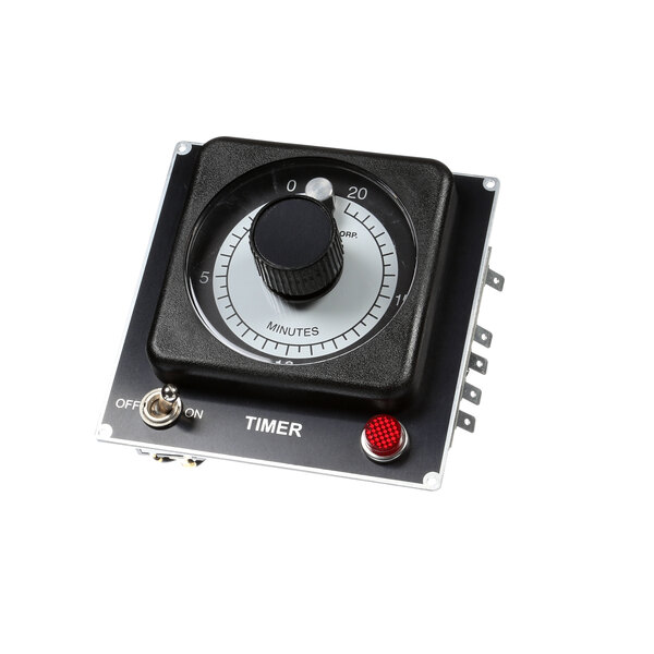 A black timer with a white dial and red button.