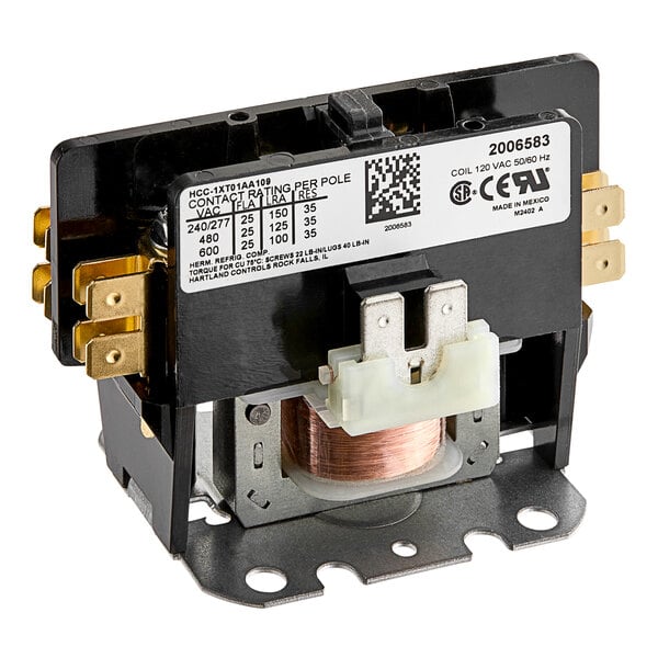 A black and gold Manitowoc Ice contactor with copper wires.