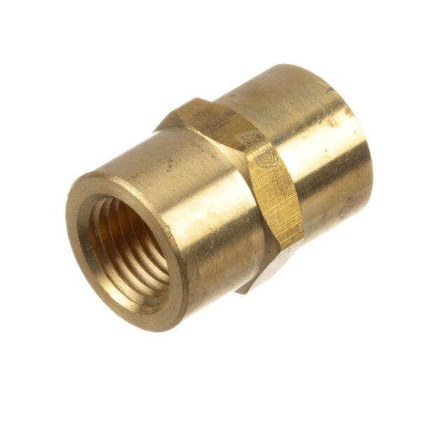 A brass pipe coupler with a gold nut.