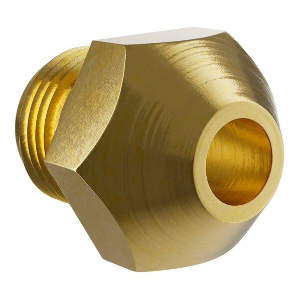 A gold threaded Vulcan orifice nut with a hole in the middle.