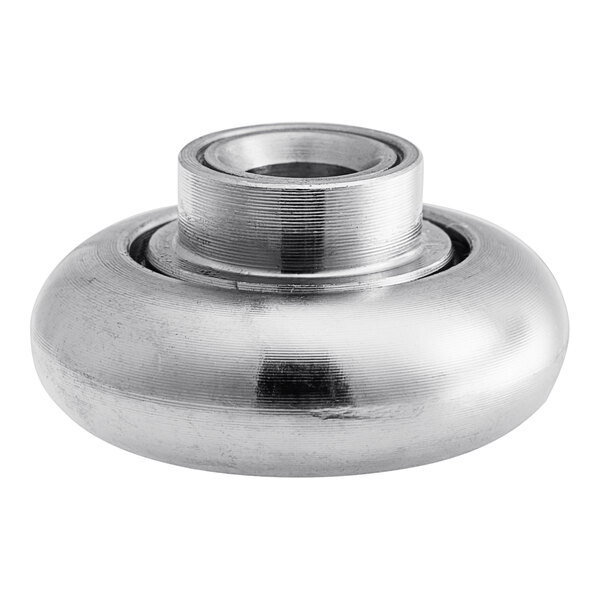 A Beverage-Air 403-192A roller bearing, a round metal object with a stainless steel ball bearing inside and a metal ring with a hole.