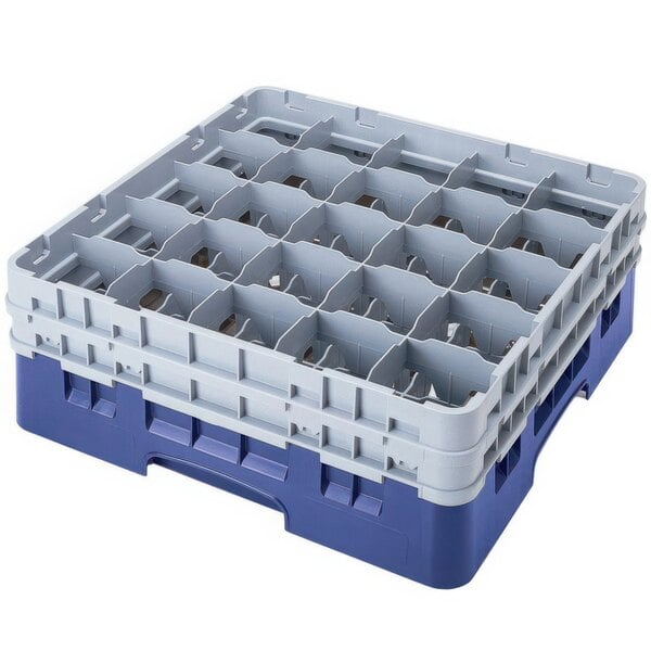 A blue plastic Cambro glass rack with 25 compartments.