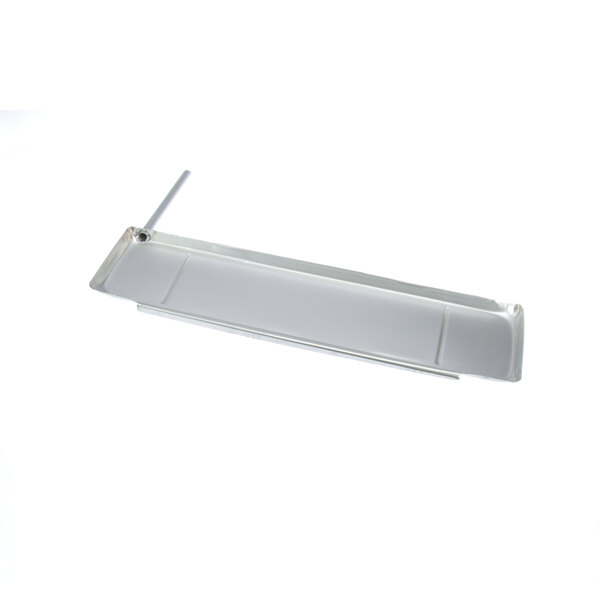 A white rectangular drain pan with a long handle.